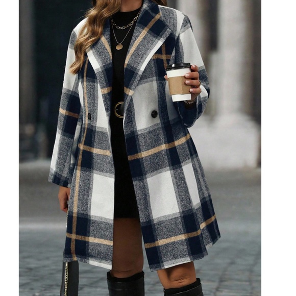 Plus Plaid Print Double Breasted Thigh length Jacket coat - Picture 1 of 7